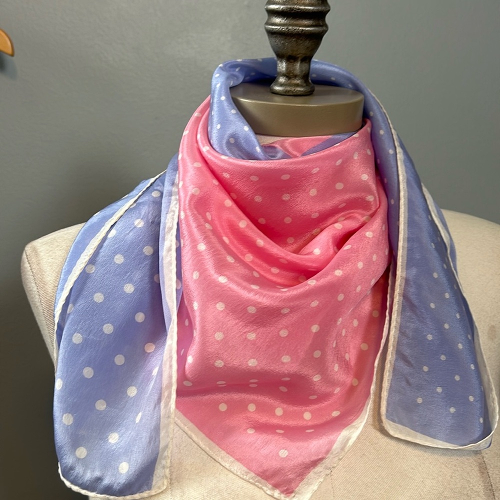 Vintage polka dot pink and baby blue silk scarf square